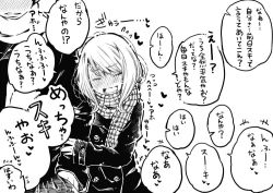 Rule 34 | +++, 1boy, 1girl, arm hug, blush, buttons, closed eyes, flying sweatdrops, greyscale, head out of frame, heart, long sleeves, monochrome, nose blush, open mouth, original, plaid, plaid scarf, scarf, shunsuke, simple background, spoken heart, translation request, upper body, white background