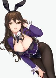 Rule 34 | 10s, 1girl, :d, adapted costume, animal ears, artist name, ashigara (kancolle), black pantyhose, blush, breasts, brown eyes, brown hair, cleavage, dated, fake animal ears, fang, tucking hair, hairband, hand on own knee, highres, kantai collection, large breasts, leaning forward, leotard, long hair, looking at viewer, matching hair/eyes, open mouth, pantyhose, playboy bunny, rabbit ears, rokuwata tomoe, simple background, smile, solo, white background