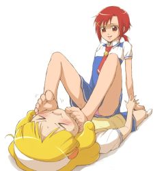 Rule 34 | &gt; &lt;, 10s, 2girls, bad id, bad pixiv id, barefoot, blonde hair, bullying, cheek squash, closed eyes, feet, femdom, foot focus, foot on head, girl on top, hair ornament, hairband, hairclip, hino akane (smile precure!), kise yayoi, lying, multiple girls, necktie, ogry ching, on back, panties, pantyshot, pink panties, precure, red hair, school uniform, shaded face, simple background, sitting, sitting on person, smile, smile precure!, socks, soles, sweater vest, toenails, toes, underwear, volternative, white background, white hairband, yuri