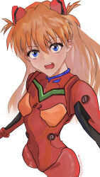 Rule 34 | 1girl, absurdres, artist request, bodysuit, breasts, brown hair, hair between eyes, hair ornament, highres, long hair, looking at viewer, neon genesis evangelion, open mouth, pilot suit, plugsuit, red bodysuit, shiny clothes, simple background, skin tight, small breasts, solo, souryuu asuka langley, standing, twitter username, two side up, white background, wide hips