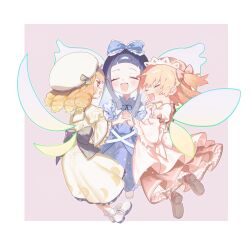 Rule 34 | 3girls, arolayukomori, black footwear, blonde hair, blue bow, blue dress, blue hair, blush, bow, closed eyes, collared dress, dress, drill hair, fairy, fairy wings, frilled bow, frilled shirt collar, frilled sleeves, frills, hair bow, happy, headdress, highres, hime cut, holding hands, long hair, long sleeves, luna child, multiple girls, open mouth, puffy sleeves, red bow, red ribbon, ribbon, shoes, side ponytail, smile, socks, star sapphire, sunny milk, touhou, white dress, white footwear, white socks, wings