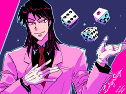 Rule 34 | 1boy, artist name, black hair, black shirt, blue outline, character name, closed mouth, collared shirt, commentary request, dated, dice, formal, gloves, highres, ichijou seiya, jacket, kaiji, limited palette, long hair, long sleeves, looking at viewer, male focus, medium bangs, necktie, outline, pink jacket, red necktie, shirt, smile, solo, suit, unknown03162, upper body, white gloves