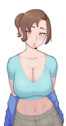 Rule 34 | 1girl, blue shirt, breasts, brown hair, brown pants, buttons, cleavage, collarbone, creatures (company), crop top, earrings, eyelashes, game freak, highres, jewelry, large breasts, lips, looking at viewer, mature female, midriff, mother (pokemon), navel, nintendo, orange eyes, paldea mother, pants, parted lips, pink lips, pockets, pokemon, pokemon sv, ponytail, shirt, short hair, short sleeves, simple background, solo, thick eyebrows, thick lips, undressing, v-neck, vehn, white background