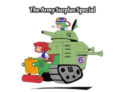 Rule 34 | 2girls, :o, caterpillar tracks, english text, female focus, green hair, hair bobbles, hair ornament, military, military vehicle, motor vehicle, multiple girls, onikobe rin, onozuka komachi, open mouth, pointing, red hair, shiki eiki, short hair, simple background, smile, solid circle eyes, steamroller, tank, touhou, vehicle, wacky races