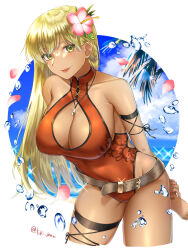 Rule 34 | 1girl, absurdres, alternate costume, arm strap, arms behind back, bare shoulders, blonde hair, blue sky, blush, breasts, cleavage, cleavage cutout, clothing cutout, cloud, cloudy sky, covered navel, cowboy shot, dark-skinned female, dark skin, fire emblem, fire emblem: the binding blade, flower, groin, hair flower, hair ornament, highleg, highleg swimsuit, highres, igrene (fire emblem), jewelry, large breasts, leaning forward, lips, long hair, looking at viewer, mature female, mole, mole under eye, necklace, nintendo, ocean, one-piece swimsuit, palm tree, petals, red leather, red one-piece swimsuit, sideboob, skin tight, skindentation, sky, smile, solo, swimsuit, thighlet, thighs, tree, tsukimura (d24f4z8j3t), twitter username, yellow eyes