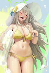 Rule 34 | 1girl, :d, ^ ^, absurdres, bikini, blue archive, breasts, cameltoe, chela77, cleavage, closed eyes, duplicate, grey hair, halo, hat, highres, large breasts, long hair, navel, nonomi (blue archive), nonomi (swimsuit) (blue archive), official alternate costume, open mouth, side-tie bikini bottom, sideboob, skindentation, smile, solo, standing, stomach, swimsuit, thighs, undersized clothes, white hat, yellow bikini