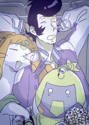 Rule 34 | 10s, 3boys, alien, arms up, crying, dandy (space dandy), male focus, meow (space dandy), mosuko, multiple boys, nose bubble, qt (space dandy), robot, sleeping, space dandy
