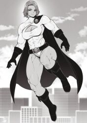 Rule 34 | 1girl, absurdres, belt, boots, breasts, cape, city, cleavage, cleavage cutout, clothing cutout, dc comics, female focus, full body, gloves, highres, large breasts, looking at viewer, monochrome, muscular, muscular female, power girl, short hair, solo, speedl00ver, thick thighs, thighs