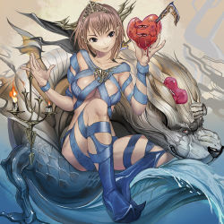 Rule 34 | 1girl, armor, arrow (projectile), bad id, bad pixiv id, bikini armor, black eyes, blood, boots, breasts, brown hair, candle, creature, crown, dog, heart (organ), large breasts, original, pointy ears, scales, shijima (tanfn), short hair, sitting, solo