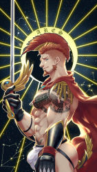 Rule 34 | 1boy, abs, alternate costume, anal, anal object insertion, aquarius (constellation), ares (priapus), arm tattoo, ass, bara, beard, black gloves, blue eyes, bulge, cape, character name, chest tattoo, constellation, edging underwear, facial hair, from side, gloves, green eyes, highres, holding, holding sword, holding weapon, jockstrap, large pectorals, male focus, male penetrated, male underwear, mature male, mohawk, muscular, muscular male, nipple piercing, nipple rings, nipples, object insertion, orange hair, pectorals, piercing, priapus, pubic tattoo, red cape, sagittarius (constellation), short hair, sideburns, solo, stomach, sword, tattoo, taurus (constellation), topless male, underwear, weapon, white male underwear, wind, yzpyn