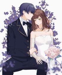 Rule 34 | 1boy, 1girl, bare shoulders, black bow, black bowtie, black jacket, black pants, bouquet, bow, bowtie, brown hair, closed eyes, closed mouth, collared shirt, commentary, dress, elbow gloves, english commentary, flower, gloves, green eyes, highres, holding, holding bouquet, jacket, jewelry, long hair, marius von hagen (tears of themis), necklace, pants, pink flower, purple hair, rosa (tears of themis), shirt, short hair, simple background, sitting, strapless, strapless dress, tears of themis, tercynya, v-shaped eyebrows, wedding dress, white background, white dress, white gloves, white shirt
