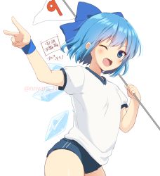 Rule 34 | 1girl, ;d, alternate costume, bad id, bad pixiv id, blue bow, blue eyes, blue hair, bow, buruma, cirno, cowboy shot, flag, hair bow, ice, ice wings, looking at viewer, nnyara, one eye closed, open mouth, puffy short sleeves, puffy sleeves, shirt, short hair, short sleeves, simple background, smile, solo, touhou, twitter username, v, white background, white shirt, wings