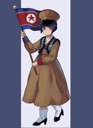 Rule 34 | black footwear, blue eyes, blue hair, blunt bangs, blush, bob cut, brown dress, brown hat, closed mouth, commentary request, dress, flag, full body, hat, heterochromia, high heels, highres, holding, holding flag, holding pole, inverted bob, korean clothes, kuroussa, long sleeves, north korea (kuroussa), north korean flag, original, peaked cap, personification, pole, red eyes, short hair, smile, standing, white footwear