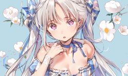 Rule 34 | 1girl, ahoge, bare shoulders, blue bow, blue hair, blue ribbon, bow, bracelet, braid, breasts, chris (dsmile), cleavage, collarbone, detached sleeves, dsmile, flower, french braid, frills, jewelry, long hair, looking at viewer, medium breasts, multicolored hair, no bra, open mouth, original, parted bangs, puffy detached sleeves, puffy short sleeves, puffy sleeves, purple eyes, ribbon, short sleeves, simple background, solo, striped, striped bow, twintails, two-tone hair, white hair