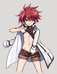 Rule 34 | 1boy, black gloves, blue eyes, blush, clothes lift, clothes pull, collarbone, cowboy shot, embarrassed, erio mondial, fingerless gloves, gloves, grey background, groin, halterneck, jacket, long sleeves, lyrical nanoha, mahou shoujo lyrical nanoha strikers, male focus, navel, nipples, open mouth, pants, pants rolled up, pectorals, raiou, red hair, shirt lift, short hair, shorts, simple background, single glove, solo, spiked hair, undressing
