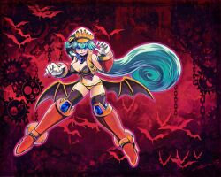 Rule 34 | 1girl, bat (animal), blue eyes, boots, breasts, cleavage, commentary, full body, green hair, halloween costume, hat, high heel boots, high heels, highres, large breasts, long hair, looking at viewer, marino (mega man), mega man (series), mega man x: command mission, mega man x (series), mega man x dive, navel, nongura, official alternate costume, orange hat, orange panties, orange vest, panties, ponytail, red background, red footwear, shirt, silhouette, solo, strapless, strapless shirt, underwear, vest