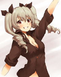 Rule 34 | 10s, 1girl, anchovy (girls und panzer), arm up, black shirt, blush, breasts, brown eyes, cleavage, colored pencil (medium), dress shirt, drill hair, girls und panzer, green hair, grin, highres, long hair, looking at viewer, sakaki imasato, shirt, sketch, sleeves rolled up, smile, solo, standing, traditional media, twin drills, twintails, unbuttoned, upper body