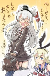 Rule 34 | 10s, 3girls, amatsukaze (kancolle), assisted exposure, bad id, bad pixiv id, black panties, blonde hair, blush, brown eyes, brown hair, clothes lift, dress, dress lift, elbow gloves, engiyoshi, garter straps, gloves, hair ornament, head under another&#039;s clothes, kantai collection, long hair, multiple girls, open mouth, panties, personification, sailor dress, school uniform, serafuku, shimakaze (kancolle), short dress, short hair, silver hair, smile, striped clothes, striped legwear, striped thighhighs, thighhighs, translation request, twintails, two side up, under another&#039;s clothes, underwear, white gloves, yukikaze (kancolle), zettai ryouiki
