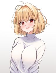 Rule 34 | 1girl, ahoge, arcueid brunestud, arms at sides, between breasts, blonde hair, blush, bob cut, breasts, clothes between breasts, erenav, gradient background, hair between eyes, hair intakes, head tilt, highres, large breasts, long sleeves, looking at viewer, loose clothes, loose shirt, medium hair, open mouth, red eyes, shirt, sidelocks, slit pupils, smile, solo, tsukihime, turtleneck, type-moon, upper body, white shirt