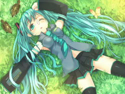 Rule 34 | 1girl, aqua eyes, aqua hair, between breasts, bird, black thighhighs, blush, breasts, bug, butterfly, detached sleeves, from above, grass, hatsune miku, insect, long hair, lying, nail polish, necktie, on back, one eye closed, open mouth, pleated skirt, reko (torinegi), skirt, solo, sparrow, thighhighs, torinegimiso, twintails, vocaloid, wink