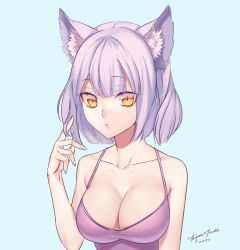 Rule 34 | 1girl, animal ears, arms at sides, artist name, blue background, breasts, camisole, cat ears, cleavage, closed mouth, collarbone, dated, expressionless, hand up, large breasts, looking at viewer, original, purple hair, ruffling hair, signature, simple background, solo, tenjou tsuki, upper body, yellow eyes