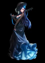 Rule 34 | 1girl, blue dress, blue hair, breasts, brown eyes, butterfly hair ornament, cleavage, dress, dual-mode shotgun, finger on trigger, formal, gun, hair ornament, hat, herowarz, korean clothes, large breasts, light smile, long dress, long hair, looking at viewer, mulin, official art, over shoulder, print dress, pump-action shotgun, pump action, rote (herowarz), semi-automatic shotgun, shotgun, sleeves past wrists, solo, spas-12, swept bangs, weapon, weapon over shoulder