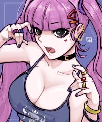 Rule 34 | 1girl, absurdres, bare shoulders, black eyes, breasts, cleavage, dress, fangs, hair ornament, highres, large breasts, long hair, one piece, open mouth, perona, pink hair, solo, twintails, upper body