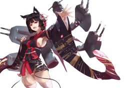Rule 34 | 1girl, :d, agovitch, animal ears, armpits, azur lane, bad id, bad pixiv id, bell, black hair, blush, breasts, clenched hand, covered erect nipples, cowboy shot, fang, floral print, furisode, groin, hair ornament, head tilt, highres, japanese clothes, jingle bell, kimono, kimono skirt, large breasts, long sleeves, looking at viewer, machinery, no panties, open mouth, outstretched arm, short hair, simple background, skindentation, smile, solo, thighhighs, white background, white thighhighs, yamashiro (azur lane)