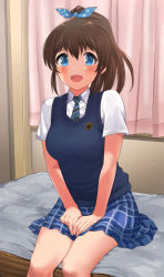 Rule 34 | 1girl, :d, blue eyes, blue necktie, blue ribbon, blue skirt, blue vest, blush, breasts, brown hair, check commentary, checkered clothes, checkered skirt, commentary request, curtains, dot nose, hair ribbon, hanamasa ono, hands on own thighs, highres, idolmaster, idolmaster million live!, idolmaster million live! theater days, indoors, long hair, looking at viewer, medium breasts, necktie, nervous, on bed, open mouth, polka dot, polka dot ribbon, ponytail, ribbon, satake minako, shirt, short sleeves, sidelocks, sitting, skirt, smile, solo, summer uniform, summer uniform series (idolmaster), thighs, vest, white shirt, window, wing collar