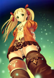 Rule 34 | 1girl, absurdres, armor, armored dress, blonde hair, blouse, boots, flat chest, foreshortening, from below, gauntlets, green eyes, hair ribbon, highres, light particles, looking at viewer, looking down, miniskirt, orange shirt, panties, pantyshot, petite, puff and slash sleeves, puffy sleeves, radiata stories, red ribbon, ribbon, ridley timberlake, shirt, skirt, solo, thigh boots, thighhighs, tony taka, twintails, underwear, upskirt, white panties, zettai ryouiki