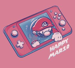 Rule 34 | 1boy, blue overalls, english text, facial hair, gloves, handheld game console, hat, highres, kairy draws, mario, mario (series), mario day, mustache, nintendo, nintendo switch lite, overalls, pink theme, red background, red hat, red shirt, red theme, shirt, simple background, white gloves