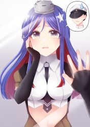 Rule 34 | 1girl, admiral (kancolle), black necktie, blue hair, body switch, breasts, grey eyes, headgear, highres, jacket, kantai collection, large breasts, long hair, long sleeves, mirror, multicolored hair, nagi kantai114, necktie, open mouth, personality switch, red hair, shirt, skirt, solo, south dakota (kancolle), star (symbol), white hair, white shirt