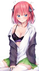 Rule 34 | 1girl, absurdres, black ribbon, blue eyes, blunt bangs, bra, breasts, butterfly hair ornament, cleavage, collarbone, collared shirt, commentary, dot nose, dress shirt, go-toubun no hanayome, green skirt, hair ornament, hair ribbon, highres, long sleeves, looking at viewer, medium breasts, medium hair, miniskirt, nakano nino, open clothes, open shirt, parted lips, pink hair, pleated skirt, ribbon, shirt, simple background, single bare shoulder, sitting, skirt, sleeves past wrists, solo, thighhighs, thighs, underwear, white shirt, yuunamida uyu