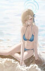 Rule 34 | 1girl, ^ ^, absurdres, asuna (blue archive), bare legs, bare shoulders, beach, bikini, blue archive, blue bikini, breasts, cleavage, closed eyes, hair over one eye, halo, highres, in water, large breasts, light brown hair, long hair, looking at viewer, midriff, navel, outdoors, smike, smile, so shio, solo, swimsuit, water, wet