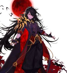 Rule 34 | 00s, 1boy, black hair, blood mage (dungeon and fighter), coat, coattails, colored skin, dungeon and fighter, fingerless gloves, gloves, hair over one eye, long hair, male focus, male mage (dungeon and fighter), moon, official art, open clothes, open coat, outstretched arms, purple skin, red moon, solo, transparent background, waistcoat