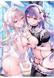 Rule 34 | 2girls, :q, @ @, absurdres, animal ears, arched back, arm strap, ass, asymmetrical docking, bare shoulders, bikini, black bikini, black choker, black nails, black shirt, black thighhighs, bow, braid, breast press, breasts, choker, cleavage, closed mouth, cowboy shot, crop top, ear piercing, earrings, fake animal ears, fake tail, finger to mouth, framed breasts, frilled choker, frilled thighhighs, frills, garter straps, hair bow, headdress, heart pasties, highres, jewelry, large breasts, maid, maid bikini, maid headdress, medium breasts, multicolored hair, multiple girls, nail polish, naughty face, navel, no pants, non-web source, one side up, open mouth, original, pasties, piercing, pink hair, purple hair, rabbit ears, rabbit tail, red eyes, shiono (0303), shirt, short sleeves, shrug (clothing), skindentation, sleeveless, smile, standing, stomach, streaked hair, string bikini, suspenders, swimsuit, tail, thigh strap, thighhighs, thighs, tongue, tongue out, twintails, unconventional maid, underbust, white bikini, white hair, white thighhighs, wrist cuffs, yellow eyes