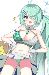 Rule 34 | 1girl, absurdres, bare shoulders, blue archive, breasts, gloves, green hair, halo, highres, hiyori (blue archive), large breasts, long hair, looking at viewer, millennium cheerleader outfit (blue archive), simple background, solo, thighs, uro kohara, white background, white gloves