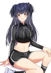 Rule 34 | 1girl, alternate costume, arm support, black hair, black shirt, black shorts, blunt bangs, blunt ends, blush, breasts, crop top, dolphin shorts, highres, idolmaster, idolmaster shiny colors, knee up, kneehighs, looking at viewer, mayuzumi fuyuko, medium breasts, navel, shirt, shorts, simple background, sitting, smile, socks, solo, sunyack, two side up, white background