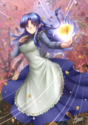 Rule 34 | 1girl, adsouto, apron, artist name, black legwear, blue dress, blue eyes, blue hair, blush, closed mouth, day, dress, fate/stay night, fate (series), floating hair, forest, frilled apron, frills, grey sweater, hair intakes, highres, leaf, long dress, long hair, long sleeves, medea (fate), nature, outdoors, outstretched arm, pleated dress, pointy ears, smile, solo, sweater, very long hair, white apron