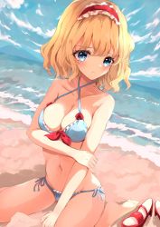Rule 34 | 1girl, alice margatroid, bad id, bad pixiv id, bare shoulders, barefoot, beach, bikini, blonde hair, blue bikini, blue bow, blue bra, blue eyes, blue panties, blue sky, bow, bra, breasts, closed mouth, cloud, cloudy sky, hair between eyes, hairband, hand on own arm, highres, looking at viewer, medium breasts, ocean, panties, red bow, red footwear, red hairband, sand, seiza, shangurira, shoes, short hair, sitting, sky, solo, swimsuit, touhou, underwear, unworn shoes, water