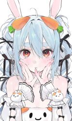 Rule 34 | 1girl, ahoge, animal ear fluff, animal ears, bare shoulders, black ribbon, blue hair, blush, carrot hair ornament, detached collar, detached sleeves, food-themed hair ornament, frilled wrist cuffs, frills, hair ornament, hair ribbon, hand on own cheek, hand on own face, highres, hololive, iq033, looking at viewer, multicolored hair, orange eyes, rabbit-shaped pupils, rabbit ears, rabbit girl, ribbon, simple background, solo, straight-on, symbol-shaped pupils, thick eyebrows, twintails, two-tone hair, usada pekora, virtual youtuber, white background, wrist cuffs