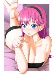 Rule 34 | 1girl, barefoot, blue eyes, breasts, cleavage, face, feet, foreshortening, hairband, highres, long hair, lying, megurine luka, on stomach, otoi rekomaru, outside border, pink hair, smile, solo, vocaloid