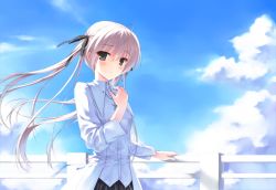Rule 34 | 1girl, ahoge, black ribbon, black skirt, blue sky, blush, buttons, cloud, cowboy shot, cross, cross necklace, day, downscaled, expressionless, hair ribbon, hand on own chest, hiten (hitenkei), jewelry, kasugano sora, long hair, long sleeves, looking at viewer, md5 mismatch, necklace, railing, resized, ribbon, silver hair, skirt, sky, solo, twintails, yosuga no sora