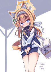Rule 34 | 1girl, animal ear fluff, animal ears, bag, blonde hair, blue archive, blue eyes, blue jacket, blue shorts, blush, cat ears, cat girl, commentary request, covering privates, covering crotch, flower, gym uniform, hair flower, hair ornament, halo, have to pee, headband, jacket, long hair, looking down, maiku, mari (blue archive), mari (track) (blue archive), ponytail, shorts, solo, track jacket, white headband
