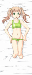 Rule 34 | 10s, 1girl, :p, absurdres, amputee, blonde hair, bra, commentary, dakimakura (medium), flat chest, full body, green eyes, groin, hair bobbles, hair ornament, highres, ibarazaki emi, incredibly absurdres, katawa shoujo, navel, panties, panty pull, pimmy, solo, sports bra, tongue, tongue out, twintails, underwear, underwear only, undressing