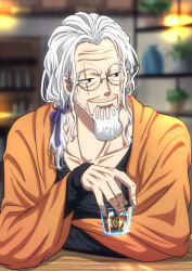 Rule 34 | 1boy, beard, black eyes, black shirt, blurry, blurry background, drink, elbows on table, facial hair, hair ribbon, highres, holding, holding drink, ice, ice cube, indoors, long hair, male focus, musasabiop, old, old man, one piece, purple ribbon, ribbon, scar, scar across eye, shirt, silvers rayleigh, sitting, solo, upper body, white hair