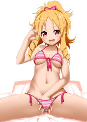 Rule 34 | 1girl, :d, absurdres, akazawa red, bikini, blonde hair, blush, bottle, bow, breasts, brown eyes, cleavage, clothes pull, collarbone, content rating, cowboy shot, drill hair, eromanga sensei, female masturbation, front-tie bikini top, front-tie top, hair bow, hand under clothes, hand under swimsuit, highres, long hair, looking at viewer, lube, masturbation, medium breasts, navel, non-web source, one-piece swimsuit pull, open mouth, photoshop (medium), pink bikini, pink bow, pinky out, pointy ears, ponytail, pouring, red bow, ringlets, side-tie bikini bottom, sitting, smile, solo, spread legs, striped bikini, striped clothes, swimsuit, yamada elf
