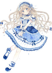 Rule 34 | 1girl, 2020, absurdres, artist name, blonde hair, blue choker, blue dress, blue eyes, blue footwear, blue hairband, blue nails, blue ribbon, blunt bangs, braid, choker, commentary, dated, dress, floating hair, footwear ribbon, frilled choker, frilled dress, frilled hairband, frilled sleeves, frilled socks, frills, full body, hair ribbon, hairband, headdress, highres, leaning, light brown hair, lolita fashion, long hair, looking away, multicolored clothes, multicolored dress, nail polish, original, own hands together, painting (medium), parted bangs, parted lips, polka dot, polka dot dress, ribbed dress, ribbon, short sleeves, simple background, sky print, socks, solo, standing, standing on one leg, star (symbol), star print, striped clothes, striped dress, traditional media, twin braids, two-tone choker, two-tone hairband, uni (setsuna gumi39), vertical-striped clothes, vertical-striped dress, watercolor (medium), white background, white choker, white dress, white hairband, white socks