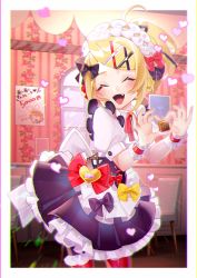 Rule 34 | 1girl, ahoge, black skirt, blonde hair, bow, chair, chocolate, closed eyes, commentary, cowboy shot, dress bow, facing viewer, fang, food, frilled skirt, frills, hair bow, hair ornament, hairclip, headdress, heart, heart hands, holding, holding chocolate, holding food, indoors, kagamine rin, leaning forward, neck ribbon, open mouth, pleated skirt, poster (object), red ribbon, ribbon, sawashi (ur-sawasi), shirt, short hair, short sleeves, skin fang, skirt, smile, solo, swept bangs, translated, valentine, vocaloid, white shirt, window, wrist cuffs