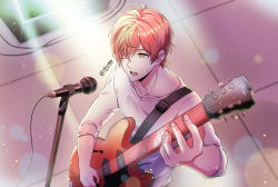 Rule 34 | 1boy, commentary, copyright name, english commentary, given, hair over one eye, highres, holding, holding instrument, indoors, instrument, male focus, microphone, microphone stand, music, orange eyes, orange hair, playing instrument, satou mafuyu, shirt, short hair, singing, solo, standing, sweat, takamizawa usui, upper body, white shirt